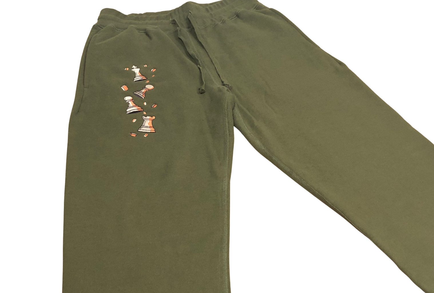 Olive Pawn Chip Sweatpants by Smothered Mate - side angle